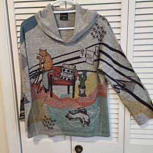 Spotted Cat Graphic Hooded Sweater - Tahari? - Gray Multicolor